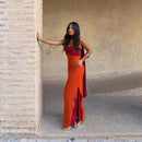 Fashion Women Color Blocking Scarf Collar Sling Dress Sexy Split Waist Cinching Bodycon Maxi Gowns 2026 Lady Club Party Vestidos