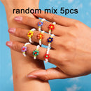New Korean Colorful Bohemia Small Flower Rings Sets Handmade Beaded Finger Rings For Women Girls Summer Beach Jewelry Gifts