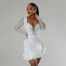 2024 New Women Mesh Sleeve Bodycon Sexy Diamonds Birthday Party Dress Tierred Ruffles Rhinestone Pearls Night Club Dress Pink