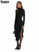 Nsauye Casual Women Pullover Turtleneck Black Elegant Long Sleeve Midi Dress Ruffles Sexy Party Evening Night Club Dress 2026