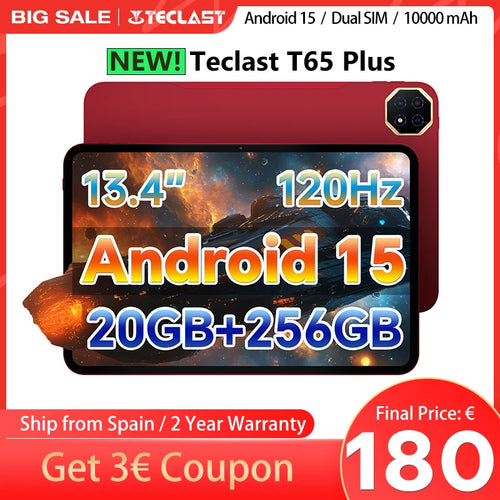 台电T65 Plus，13.4英寸平板电脑，120Hz最大视野，安卓15，最大20GB内存+256GB存储，Helio G99，8核，1920X1200，4G网络和通话，双SIM卡插槽，5G无线，GPS，13MP+8MP