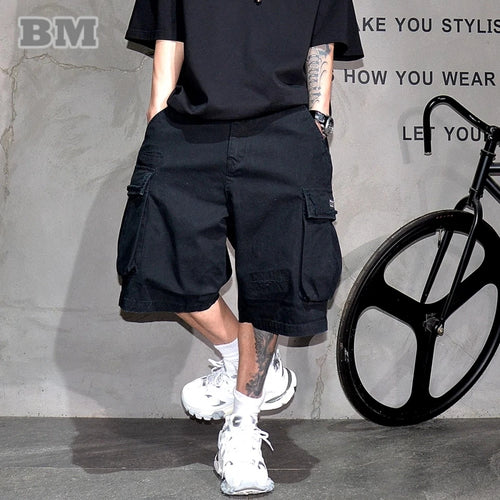 Japanese Korean Cargo Shorts For Men Summer Heavyweight Cotton 5-Inch Premium Distressed Streetwear Trendy Casual Pants Male