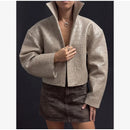 Retro Crocodile Pattern Short Women's Leather Jacket High Collar Zipper Loose Long Sleeve Jackets 2026 Lady Street Daily Wear