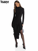 Nsauye Casual Women Pullover Turtleneck Black Elegant Long Sleeve Midi Dress Ruffles Sexy Party Evening Night Club Dress 2026