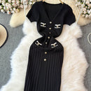 Elegant Knitted Long Dress Women Summer V Neck Single Breatsed Short Sleelve Bodycon Dresses Fashion Party Office Lady Vestidos