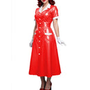 Elegant Women Midi Dress Shiny PVC Leather Turn-down Collar Patchwork Single-Breasted Long Dress Party Club  A-line Female Dress