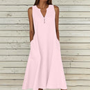 Breathable Summer Women Midi Dress Linen Blend Notch V Neck Dress Button Sleeveless Loose Fit Dresses Comfy Casual Beach Outfit