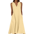 Breathable Summer Women Midi Dress Linen Blend Notch V Neck Dress Button Sleeveless Loose Fit Dresses Comfy Casual Beach Outfit