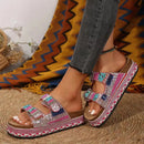 New Women's Rhinestone Thick Sole Twine Double Buckle Sandals, Soft Comfortable Women's Beach Slippers Large size
