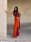 Color Blocking Scarf Collar Sling Dress Sexy Waist Cinching Chic Split Bodycon Maxi Dresses 2026 Lady Club Party Vestido