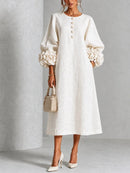 Elegant Women Linen Midi Dress O Neck 3D Floral Lantern Sleeve Button Loose Straight Long Dress Modest Casual Party Dresses