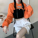 Female Cut Out Crop Top Hoodie Long Sleeve Hooded Pullover Sweatshirt Drop Shoulder Drawstring Hoodie Crop Jumper-Top