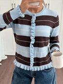 Casual Stripe Scarf Loose Top Women Fashion Full Sleeve O-neck Single Breasted Knitted Coats Female 2026 Autumn Lady Outwears