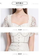 Luxury Crystal Chain Lace Formal Dress Women Summer Vacation Short Sleeve Single Breasted Bead Lace Pencil Long Dresses Evening