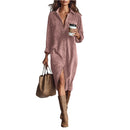Retro Chic Women Midi Dress Corduroy Fabric Lapel Collar Popular Button Front Loose Fit Long Sleeve Comfy Casual Daily Outfit