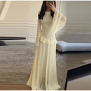 Fashion Flare Sleeve Ruff Long Dress Women Solid O-neck High Waist Slim Pleated Maxi Dresses 2025 Lady Summer Chic Party Robes