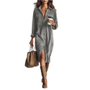 Retro Chic Women Midi Dress Corduroy Fabric Lapel Collar Popular Button Front Loose Fit Long Sleeve Comfy Casual Daily Outfit