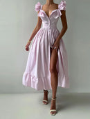 Flying Sleeve Ruffle Striped Slip Long Dress Women Elegant Square Collar Waist Cinching Pleat Party Dresses Chic Ladies Vestido