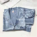 Girls' faux ice silk pyjamas, ladies' long-sleeved lace green premium feeling two-piece set of sweet loungewear, love blue cloth