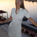 TARUXY Short Sleeve Knitted Long Dress Female Slim Hollow Retro Elegant Sweater Dress 2025 Summer New High Waist Women‘s Dress