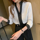 2023新款白色长袖雪纺女式衬衫春季休闲V领女式纯色上衣套头衫Blusas 11189