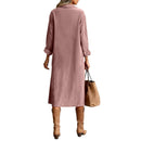 Retro Chic Women Midi Dress Corduroy Fabric Lapel Collar Popular Button Front Loose Fit Long Sleeve Comfy Casual Daily Outfit
