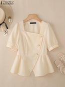 2025 ZANZEA Elegant Puff Sleeve Work Blouses Women Summer Shirts Square Neck Stylish Solid Buttons Tunic Tops Waisted OL Blusas
