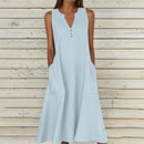 Breathable Summer Women Midi Dress Linen Blend Notch V Neck Dress Button Sleeveless Loose Fit Dresses Comfy Casual Beach Outfit