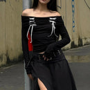Goth Dark Lace Up Y2k Sexy Off Shoulder T-shirts Gothic Harajuku Long Sleeve Women Crop Tops Korean Fashion Streetwear T-shirt