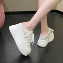 9.5cm Increasing Height Women Slippers 2024New Summer Autumn Canvas Mules Shoes Ladies Round Toe High Wedge Platform Slides Shoe