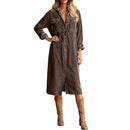 Retro Chic Women Midi Dress Corduroy Fabric Lapel Collar Popular Button Front Loose Fit Long Sleeve Comfy Casual Daily Outfit