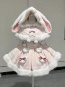 Japanese Lolita Two Pieces Set Women Sweet Patchwork Furry Slip Dress + Sweet Cute Rabbit's Ears Hooded Cape Coat JK Bow Suit