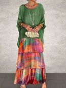 Female Elegant Floral Print Chiffon Boho Long Dress Spring Round Neck Women Pullover Dress Half Bat Sleeve Cake Skirt Dress