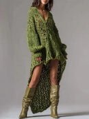 V-Neck Rib Knitted Dress Hollow Out Loose Fit Mini Skirt Asymmetrical Hem Street Style Sexy Trendy Women's Fashion Party Dresses