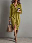 Retro Chic Women Midi Dress Corduroy Fabric Lapel Collar Popular Button Front Loose Fit Long Sleeve Comfy Casual Daily Outfit