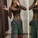 KONDALA Trendy Sexy Sheer Bodysuit Long Sleeve Bodysuit Fashion 2026 Spring Summer Party Holiday Date See-Through Lady Tops