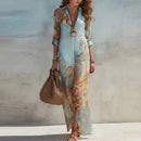 Women Summer Long Sleeve Maxi Dress Vintage Printed Fashion European Daily Casual Flowy Sundress