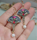 Creative Thistle Flower Drop Earrings Women Ethnic Black Enamel Fan Shaped Red Stone Pearl Statement Earrings
