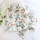 Spring New Ladies Pajamas Set Heart Printed Crepe Cotton Double-layer Gauze Turn-down Collar Long-sleeve Trousers Household Wear
