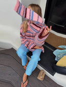 Casual Stripe Scarf Loose Top Women Fashion Full Sleeve O-neck Single Breasted Knitted Coats Female 2026 Autumn Lady Outwears