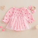 Newborn Clothes Baby Girl Autumn Romper Dress Long Sleeve Crew Neck Red Heart Print Jumpsuit with Bow Headband