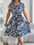 Msfilia Women's Spring Summer V Neck Short Sleeve Button Print A Line All Match Causal Long Dresses