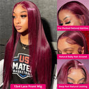 99J Colored Lace Front Human Hair Wigs Straight Burgundy 13x4 HD Transparent Full Lace Frontal Wig Red Glueless Wigs For Women