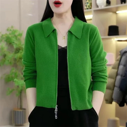 Spring Autumn Lady Knitting Cardigan Jacket Female Short Zipper Sweater Outerwear Women Solid Color Loose Fitting Knitwear Coat