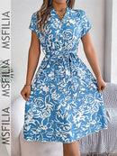 Msfilia Women's Spring Summer V Neck Short Sleeve Button Print A Line All Match Causal Long Dresses