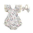 Toddler Girls Floral Bunny Print Lace Trim Flutter Sleeve Romper with Bow Headband Easter Outfit Set 2 Pieces