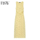BSAY 2026 Women's Yellow Polka Dot Maxi Dress Sleeveless Crew Neck Waist Ruched Elegant Long Dress Summer Casual Party Dresses