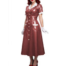 Elegant Women Midi Dress Shiny PVC Leather Turn-down Collar Patchwork Single-Breasted Long Dress Party Club  A-line Female Dress