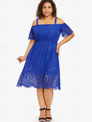 ROSEGAL Gothic Grommet Lace Up Dress Summer S-5XL Black High Waist Cold Shoulder Mesh Handkerchief A-Line Ruffles Dresses