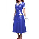 Elegant Women Midi Dress Shiny PVC Leather Turn-down Collar Patchwork Single-Breasted Long Dress Party Club  A-line Female Dress